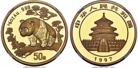 People's Republic gold "Large Date" Panda 50 Yuan (1/2 oz) 1997 MS69 NGC, KM990, PAN-280A. An immaculate offering with a mesmerizing full body of lust...