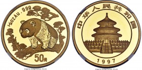 People's Republic gold "Large Date" Panda 50 Yuan (1/2 oz) 1997 MS69 NGC, KM990, PAN-280A. A glowing example of the type, bathed in warm radiance with...