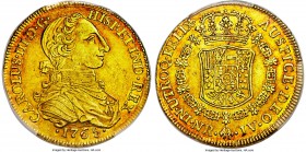 Charles III gold 8 Escudos 1765 NR-JV AU58 PCGS, KM41, Onza-850. Premium for the grade, this piece exhibits only the shallowest wear to the high point...