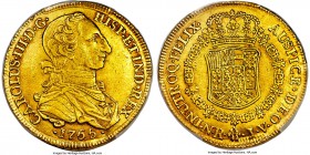 Charles III gold 8 Escudos 1765 NR-JV AU55 PCGS, Nuevo Reino mint, KM41, Onza-850. A choice piece, its planchet of rich gold color with vibrant red to...