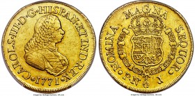 Charles III gold 8 Escudos 1771 PN-J AU50 PCGS, Popayan mint, KM38.2, Fr-24. Truly bold, even accounting for circulation, with the legends uniformly i...