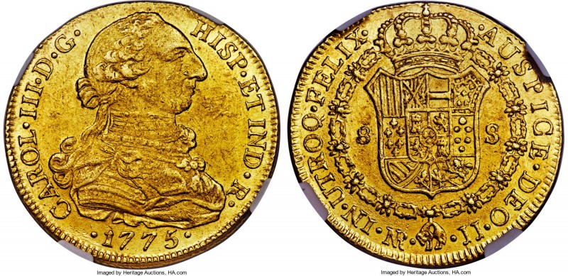 Charles III gold 8 Escudos 1775 NR-JJ MS62 NGC, Nuevo Reino mint, KM50.1, Fr-35....