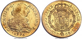 Charles III gold 8 Escudos 1775 P-JS AU55 NGC, Popayan mint, KM50.2, Fr-36. A near-uncirculated example exhibiting a speckled texture to its surfaces ...