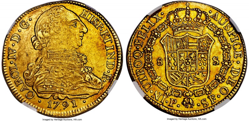 Charles IV gold 8 Escudos 1791 P-SF AU55 NGC, Popayan mint, KM53.2. A problem-fr...