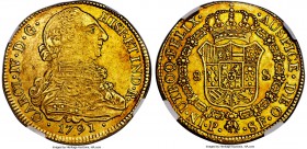 Charles IV gold 8 Escudos 1791 P-SF AU55 NGC, Popayan mint, KM53.2. A problem-free and nearly uncirculated example of the academically fascinating tra...