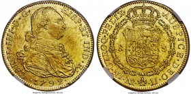 Charles IV gold 8 Escudos 1792 NR-JJ MS62 NGC, Nuevo Reino mint, KM62.1, Fr-51. A sunny offering which is marked by satiny surfaces showing just a hin...