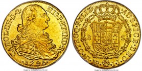 Charles IV gold 8 Escudos 1795 NR-JJ MS62 PCGS, Nuevo Reino mint, KM62.1. A sharp, earlier date from this series with lemon-hued surfaces and strong c...