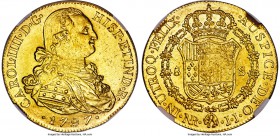 Charles IV gold 8 Escudos 1797 NR-JJ MS62 NGC, Nuevo Reino mint, KM62.1, Fr-51. A bright example displaying a light, even scattering of handling and a...