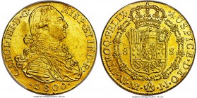 Charles IV gold 8 Escudos 1800/0081 NR-JJ AU55 PCGS, Nuevo Reino mint, KM62.1. Listed as rare in the SCWC, this impressive example features a full ove...
