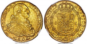 Charles IV gold 8 Escudos 1803/2 NR-JJ MS62 NGC, Nuevo Reino mint, KM62.1, Fr-51. Scarce 1803/2 overdate variety. Satiny luster, with a pleasing gener...