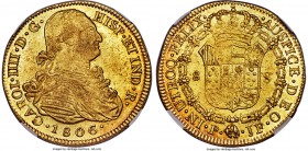 Charles IV gold 8 Escudos 1806/5 P-JF MS62 NGC, Popayan mint, KM62.2, Onza-1072. 1806/05 overdate type. An appealing offering with shimmering luster a...