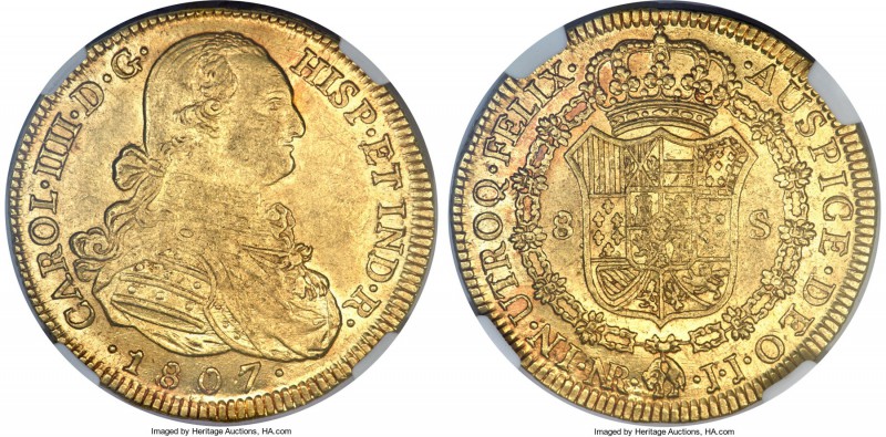 Charles IV gold 8 Escudos 1807 NR-JJ MS62 NGC, Nuevo Reino mint, KM62.1, Onza-11...