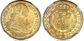 Charles IV gold 8 Escudos 1807 NR-JJ MS62 NGC, Nuevo Reino mint, KM62.1, Onza-1147. Lustrous Mint State with unobtrusive contact marks preventing a hi...