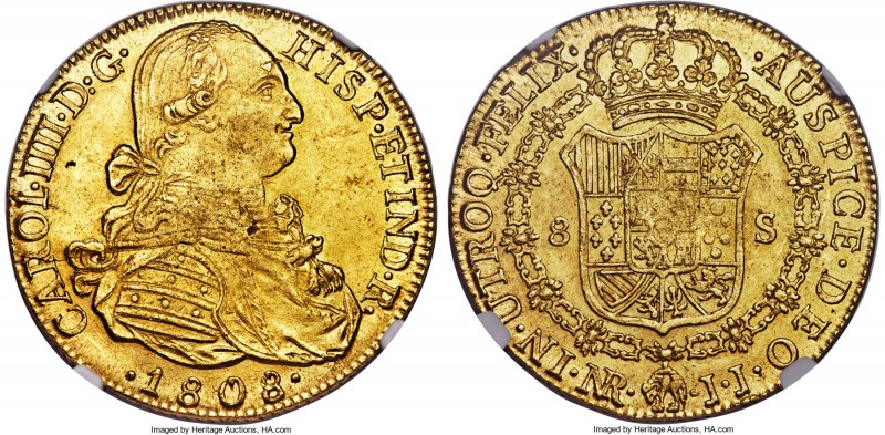 Charles IV gold 8 Escudos 1808 NR-JJ MS63 NGC, Nuevo Reino mint, KM66.1, Fr-60. ...