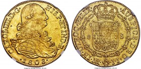 Charles IV gold 8 Escudos 1808 NR-JJ MS63 NGC, Nuevo Reino mint, KM66.1, Fr-60. Variety with offset semicolon between "D" and "G". A lustrous choice s...