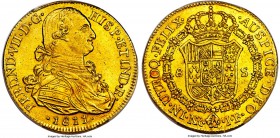 Ferdinand VII gold 8 Escudos 1811 NR-JF MS63 PCGS, Nuevo Reino mint, KM66.1. Conditionally scarce and a popular example of this type with vibrant lust...
