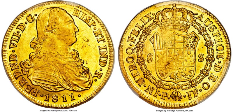 Ferdinand VII gold 8 Escudos 1811 P-JF MS62 PCGS, Popayan mint, KM66.2, Onza-128...