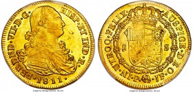 Ferdinand VII gold 8 Escudos 1811 P-JF MS62 PCGS, Popayan mint, KM66.2, Onza-1281. A charming piece that owes its strong appeal to a shower of golden ...