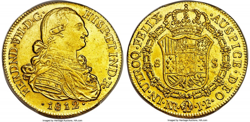 Ferdinand VII gold 8 Escudos 1812 NR-JF MS63 PCGS, Nuevo Reino mint, KM66.1. Rar...