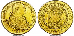 Ferdinand VII gold 8 Escudos 1812 NR-JF MS63 PCGS, Nuevo Reino mint, KM66.1. Rarely offered so fine, this luminous selection shows some central weakne...