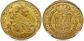 Ferdinand VII gold 8 Escudos 1816 NR-JF MS62 NGC, Nuevo Reino mint, KM66.1, Fr-60. Boasting sharp eye appeal for the grade with lustrous silken fields...
