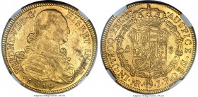 Ferdinand VII gold 8 Escudos 1819 NR-JF MS60 NGC, Nuevo Reino mint, KM66.1, Onza-1337. A second specimen, partially lustrous yet heavily bagmarked and...