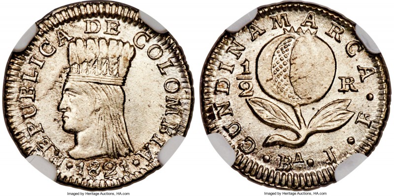 Cundinamarca. Republic 1/2 Real 1821 Ba-JF MS63+ NGC, KM-F8. A highly popular, s...