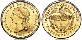 Nueva Granada gold "Diez Pesos" 10 Pesos 1857-POPAYAN MS66 NGC, Popayan mint, KM122.2. A stunning example of the type, which was commonly circulated, ...