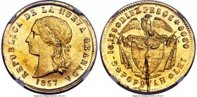 Nueva Granada gold Mint Error - Reverse Lamination "Diez Pesos" 10 Pesos 1857-POPAYAN MS64 NGC, Popayan mint, KM122.1, Fr-85. An enchanting error spec...