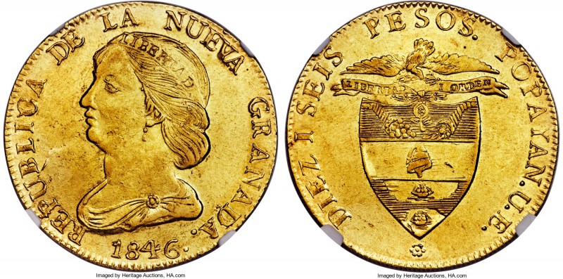 Nueva Granada gold 16 Pesos 1846 POPAYAN-UE MS61 NGC, Popayan mint, KM94.2. A we...