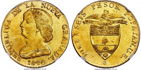 Nueva Granada gold 16 Pesos 1846 POPAYAN-UE MS61 NGC, Popayan mint, KM94.2. A well-defined specimen with shimmering glassy luster and a uniform disper...