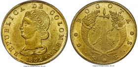 Republic gold 8 Escudos 1832 BOGOTA-RS MS62 PCGS, Bogota mint, KM82.1, Fr-37. A sun-gold specimen with brilliant aurous luster that takes on a pleasin...