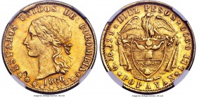 Estados Unidos gold 10 Pesos 1866-POPAYAN MS62 NGC, Popayan mint, KM141.3. A deep-hued offering which exhibits the ideal color for a gold coin of its ...