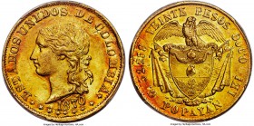 Estados Unidos gold 20 Pesos 1870-POPAYAN MS61 PCGS, Popayan mint, KM142.3. Hauntingly beautiful, with vibrant peach and tangerine tones bringing the ...