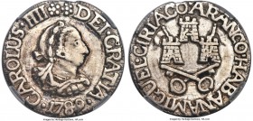 Charles IV silver 2 Reales Proclamation Medal 1789 Genuine NCS, M-174. 5.8gm, 28mm. Deeply struck and still attractive although visibly cleaned at som...