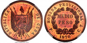 Provisional Republic copper Proof Pattern 1/2 Peso 1870 P-CT PR63 Red NGC, Potosi mint, KM-X4a (copper). A spectacular pattern with blood orange color...