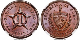 Republic 2 Centavos 1915 MS65 Brown NGC, KM-PNC10. An extremely scarce pattern with an unlisted mintage. NGC has certified only a single example: the ...