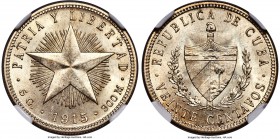 Republic "High Relief" Star 20 Centavos 1915 MS65+ NGC, KM15. Variety with fine reeding. Exceedingly close to the finest certified, falling technicall...