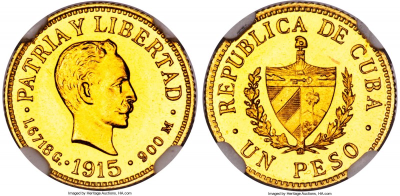 Republic gold Proof Peso 1915 PR66 Cameo NGC, Philadelphia mint, KM16, Fr-7. A s...