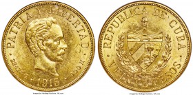 Republic gold 20 Pesos 1915 MS63 ANACS, Philadelphia mint, KM21. A bright sun gold specimen with a fetching mint brilliance that leaps effortlessly ac...