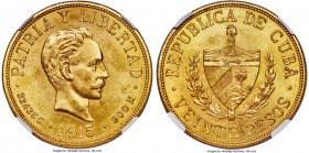 Republic gold 20 Pesos 1915 MS63 NGC, Philadelphia mint, KM21. This specimen conveys sharp visual allure for this usually more bagmarked and heavily h...