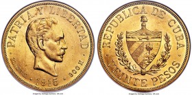 Republic gold 20 Pesos 1915 MS62 NGC, Philadelphia mint, KM21, Fr-1. A bright golden offering with a fetching satiny luster embracing the central devi...