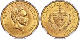 Republic gold 20 Pesos 1915 MS61 NGC, Philadelphia mint, KM21. A specimen showing some typical bagmarks and handling for the type. The warm color of t...