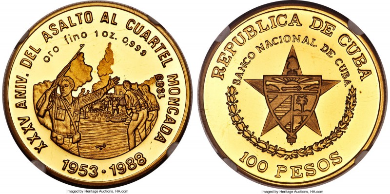 Republic gold Proof "Moncada Garrison" 100 Pesos (1 oz) 1989 PR68 Ultra Cameo NG...
