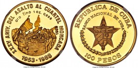 Republic gold Proof "Moncada Garrison" 100 Pesos (1 oz) 1989 PR68 Ultra Cameo NGC, KM335. Mintage: 150. Struck to commemorate the 35th anniversary of ...