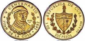 Republic gold Proof "Juan de la Cosa" 100 Pesos (1 oz) 1990 PR68 Ultra Cameo NGC, KM305, Fr-51. Mintage: 250. A brilliant high-grade example of this l...
