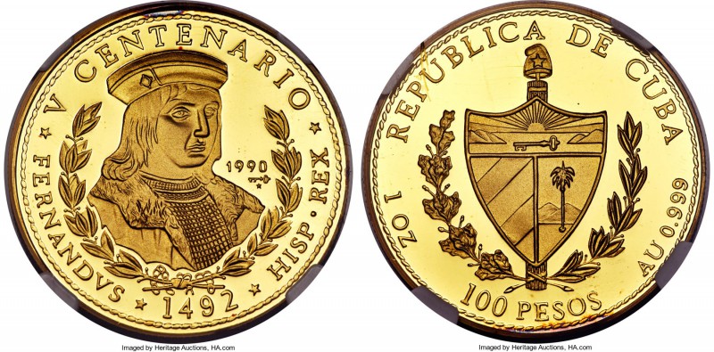 Republic gold Proof "King Ferdinand V" 100 Pesos (1 oz) 1990 PR68 Ultra Cameo NG...