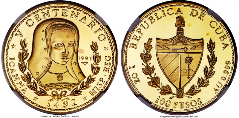 Republic gold Proof "Queen Joanna" 100 Pesos (1 oz) 1991 PR67 Ultra Cameo NGC, K...
