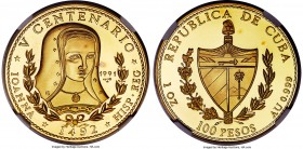 Republic gold Proof "Queen Joanna" 100 Pesos (1 oz) 1991 PR67 Ultra Cameo NGC, KM451, Fr-61. Mintage: 200. "500th Anniversary of the New World" series...