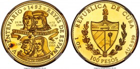 Republic gold Proof "Spanish Kings & Queens" 100 Pesos (1 oz) 1992 PR68 Ultra Cameo NGC, KM456, Fr-73. Mintage: 100. Struck as part of the "500th Anni...